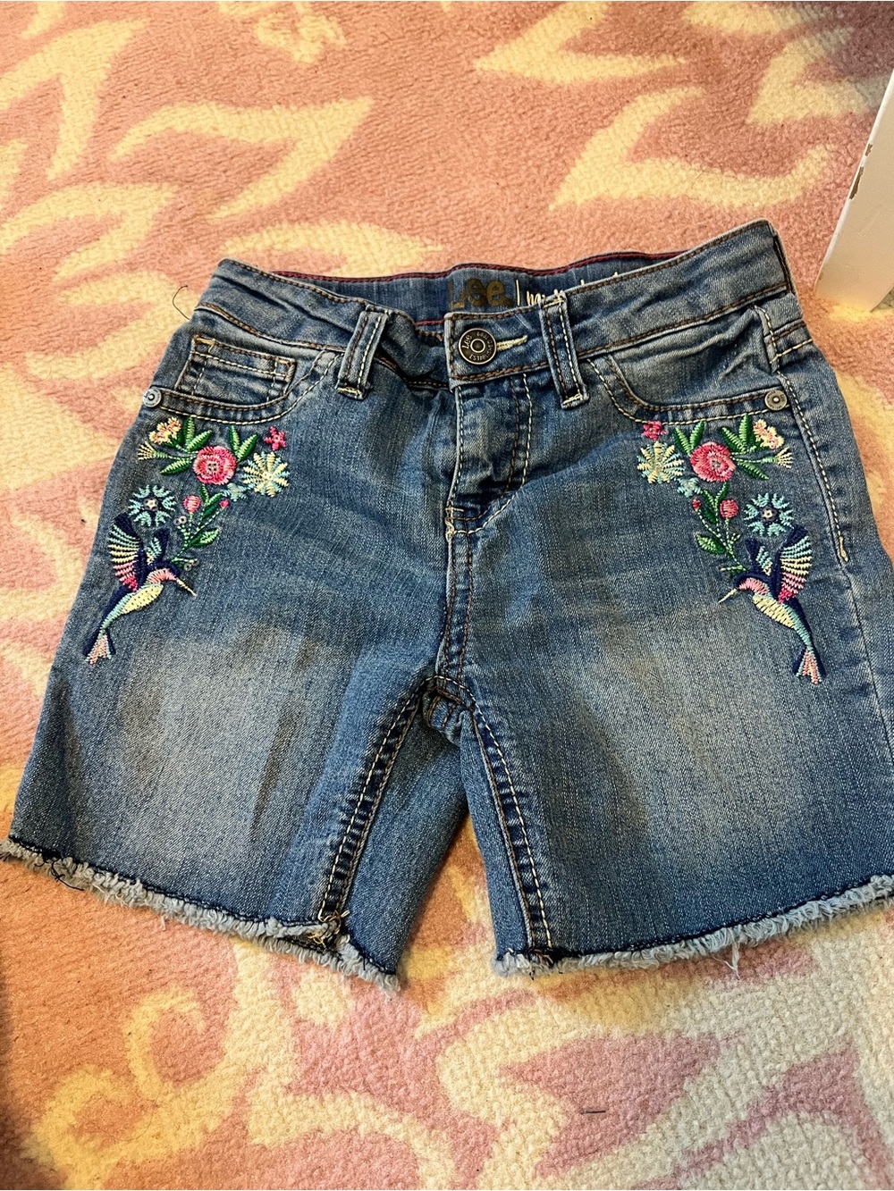 Lee Blue Denim Shorts with Colorful Floral & Bird Embroidery